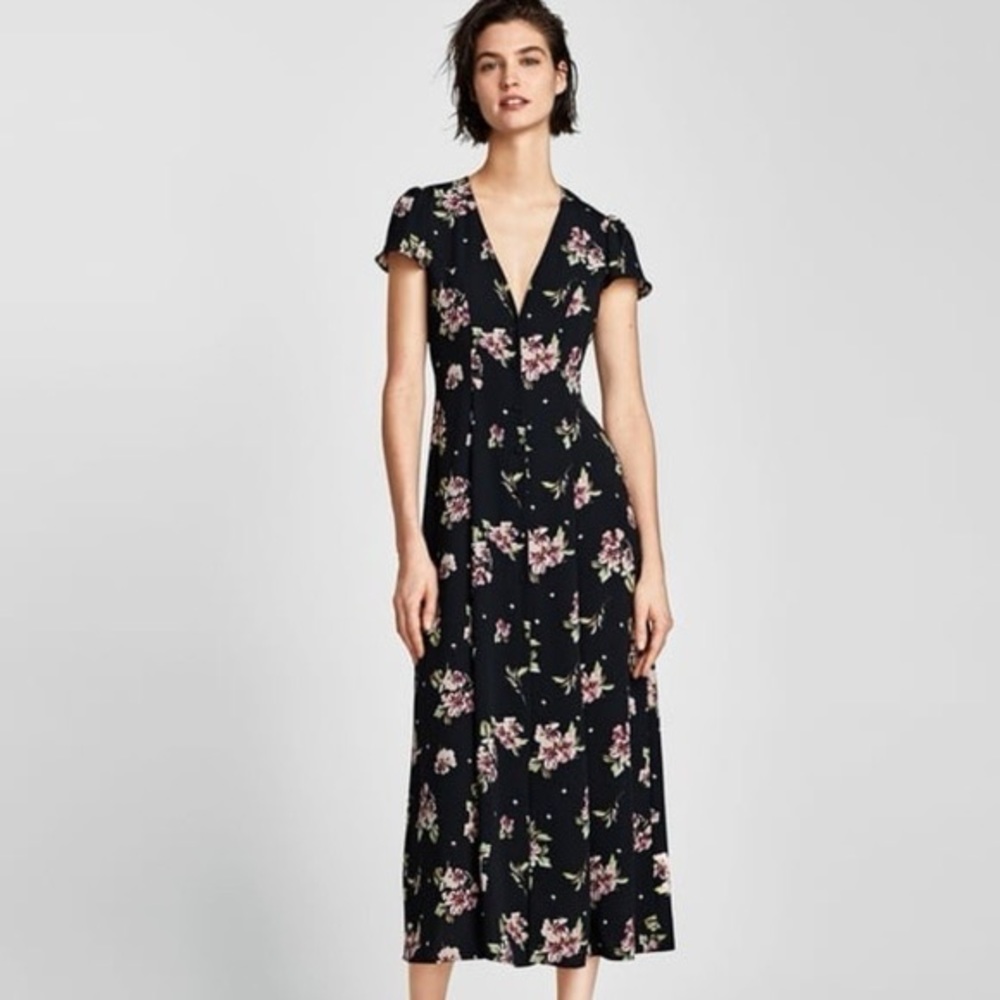Zara Black Floral Print Maxi Dress, size L
